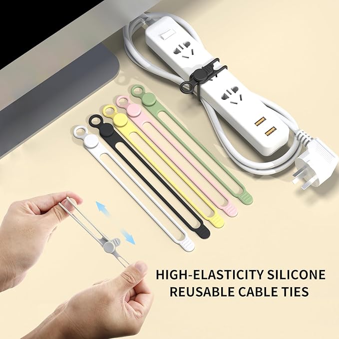 Silicone Cable Straps, 10pcs Extra-Long Reusable Hanging Organizer for Cables, Kitchen, Home, School (Black & White)