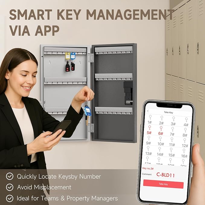 WeHere 120 Key Lock Box Wall Mount, APP Bluetooth/OTP/Wi-Fi/Fixed Code/Key Unlock, Smart Key Cabinet with Key Tag, Key Organizer Holder Box, Key Management Directory for Office, Valet, Realtor, Hotel
