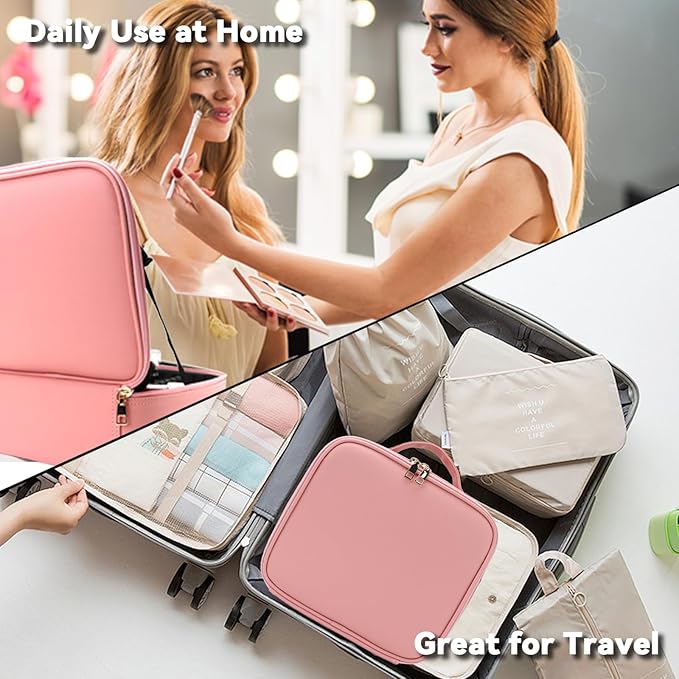 Travel Makeup Bag with LED Mirror with 3 Lighted Settings, Adjustable Dividers, Makeup Brush Storage Bag and Jewelry Case Pink