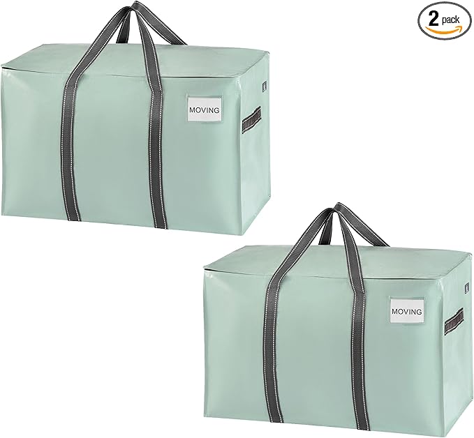 VENO 2 Pack Moving Bags, Heavy Duty, Moving Boxes Alternative, Packing Storage Supplies for Dorm Room Essentials with Zipper for Clothes, Extra Large Totes for Packaging (Shiny Light Green, 2 Pack)