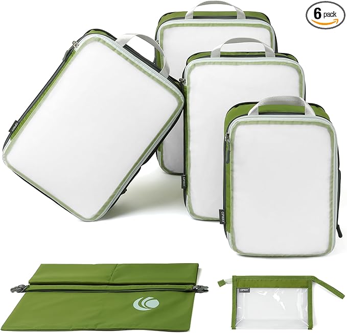 Cipway Compression Packing Cubes, See Through Mesh Luggage Organizer Bags, Travel Essentials for Carry on Suitcase with Laundry Bag and Clear Toiletries Bag（6 Pcs,Green）