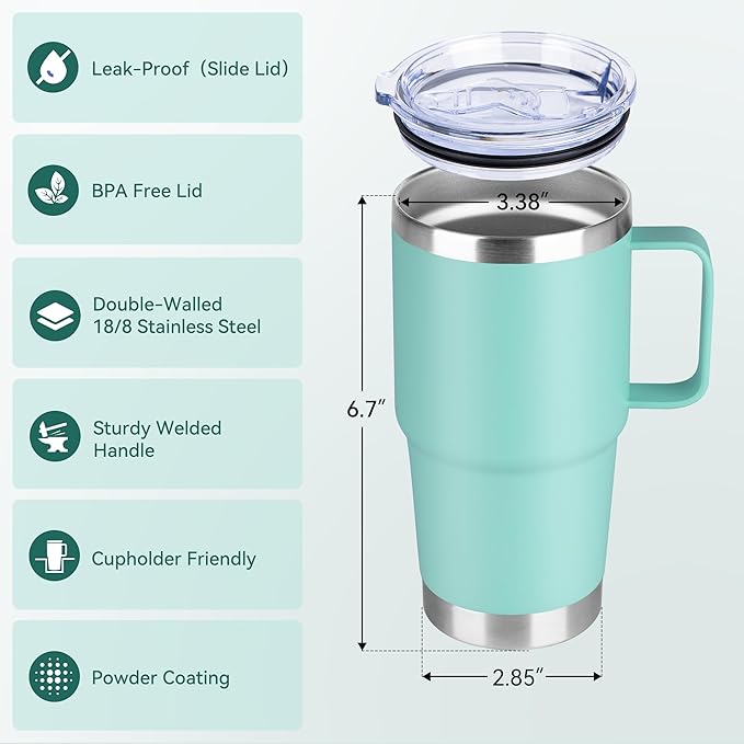 HASLE OUTFITTERS 20oz Tumbler with Lid, Stainless Steel Tumbler with Handle, Metal Insulated Travel Coffee Mug with Handle, Double Wall Vacuum Spill Proof Tumbler Cup, Mint Green 1 Pack