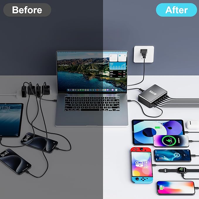 500W USB C Fast Charger Block, 8 Port USB Charging Station, GaN Ⅲ Pro Double 100W PD PPS Port Fast Charging Station for Multiple Devices,Laptop Wall Charger Compatible with MacBook, iPhone 17,iPad etc