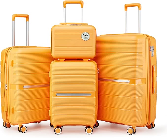 Campfun Luggage 4 Piece Sets, Expandable Carry On Luggage Set Hardshell PP, Suitcase Set with Double Spinner Wheels, Checked Durable Lightweight with TSA Lock, 14/20/24/28in, Orange(A)