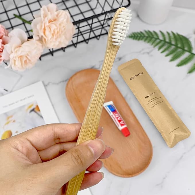 Bamboo Toothbrushes Kit Bulk, Disposable Toothbrushes with Toothpaste(6g), Individually Wrapped Toiletries Amenities for Hotel, Airbnb, Homeless, Shelter, Camping and Travel (50 Pack)