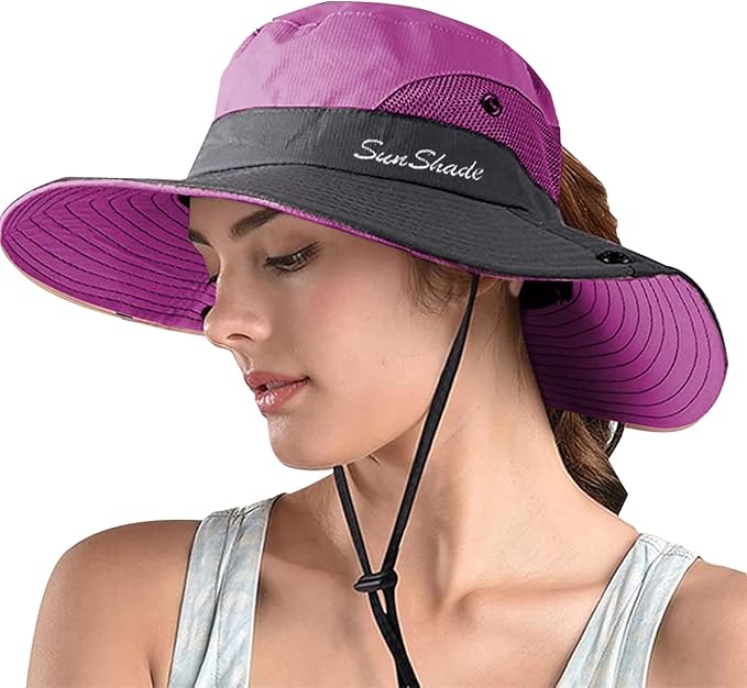 ZOORON Women's Ponytail Safari Sun Hat,Wide Brim UV Protection Outdoor Bucket Hat,Foldable Beach Summer Fishing Hat