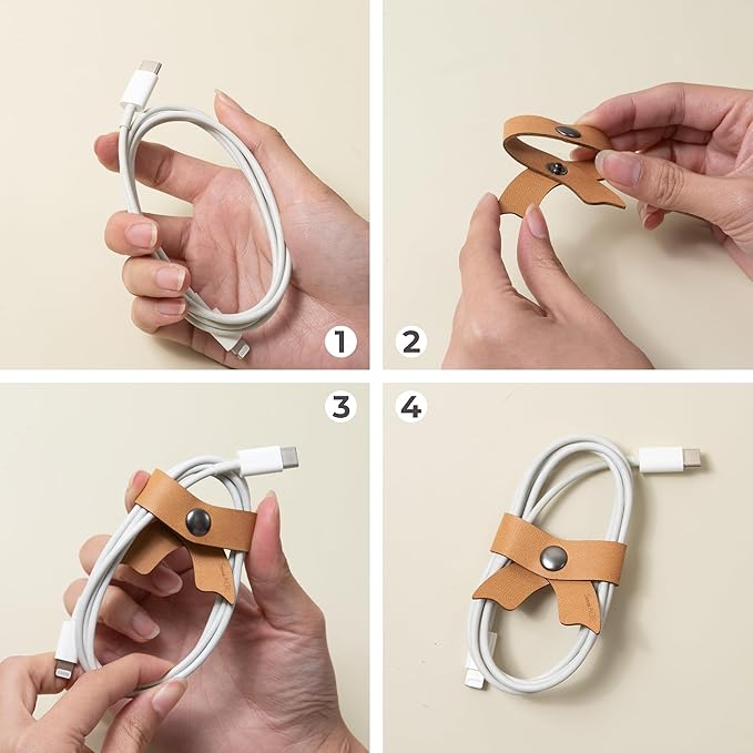 SenseAGE 5 Pack Cord Organizer, Bow Cord Keeper, Cable Organizer USB holder, Leather Cable Management, Cable Straps, Earphone winder, Storage Straps for Electronics, Earbuds (Choco Brown, Small)