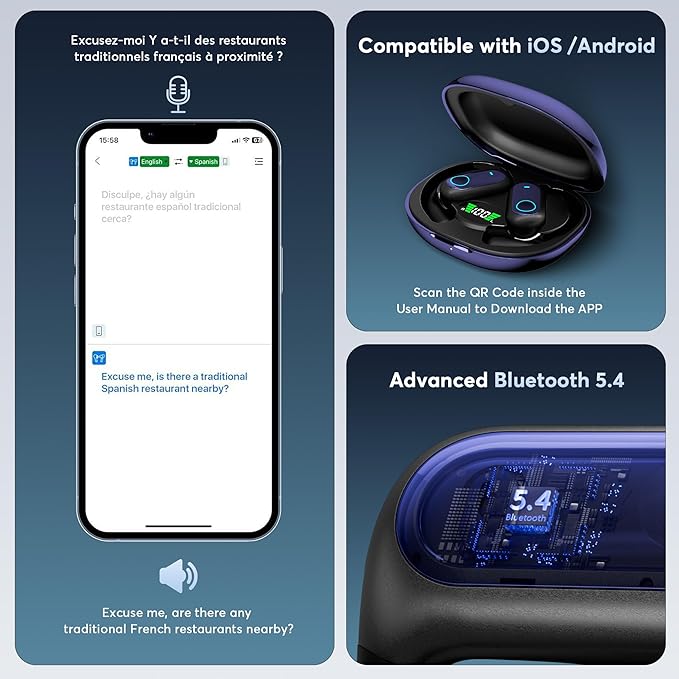 168 Languages AI Translation Earbuds, Bluetooth 5.4 Headphones Translator, 4-in-1 Smart Mode Touch Screen Real-Time Earphones Fit iOS and Android Ideal for Travel Business Learning, Deep Blue