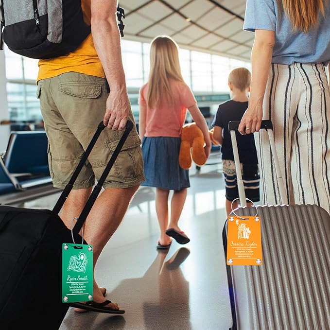 4 Pack Personalized Luggage Tags for Suitcases, Handmade Engraved Stainless Steel Custom Luggage Tags for Cruise Travel with Stainless Loop, Suitcase Identifier Metal Name Baggage Tag