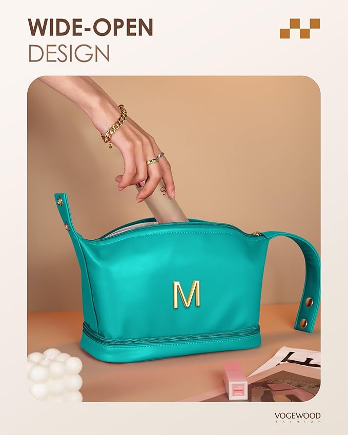 Birthday Gift for Women, Personalized Makeup Bag with Handle, Initial Double Layer Cosmetic Bag with Makeup Brush Organizer, Cute Cosmetic Pouch for Women, Gift for Friends Female