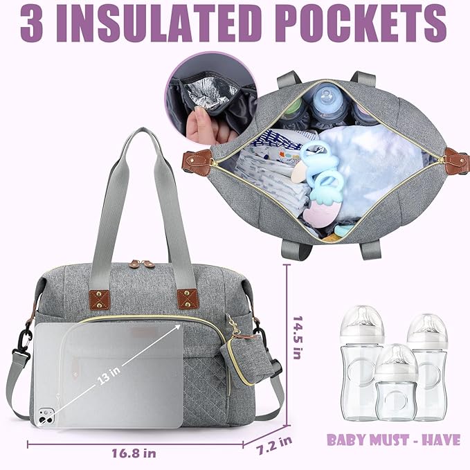 Tuwubi Diaper Bag Tote,Baby Diaper Bag with Pacifier Case Large Travel Diaper Tote Caddy for Mom and Dad Multifunction Large Baby Bag - Light Grey