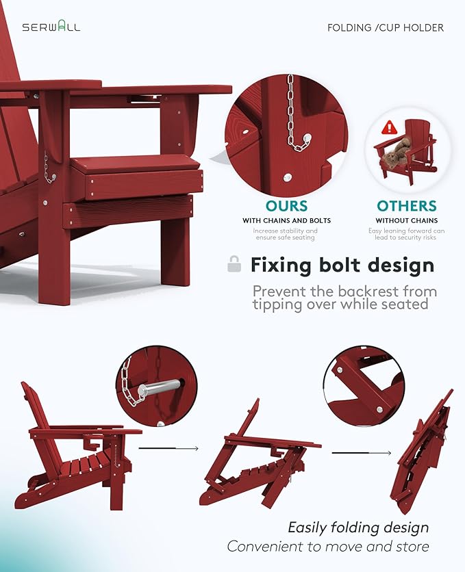 SERWALL Adirondack Chair with Cup Holders - Composite Adirondack Chairs Set of 2 HDPE Outdoor Chairs All Weather Use- Dark Red