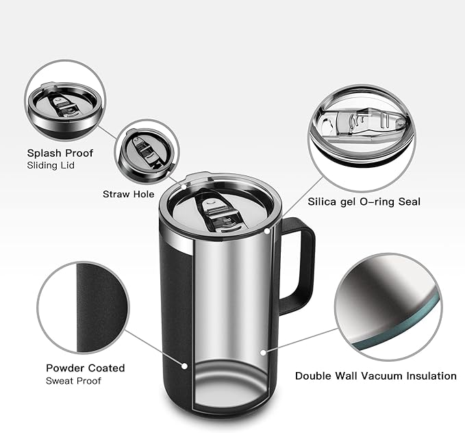 KXIAOCHEN 20oz Insulated Coffee Mug with Lid, Stainless Steel Coffee Cup, Double Wall Vacuum Coffee Tumbler with Handle, Premium Thermal Travel Coffee Mug (Black)