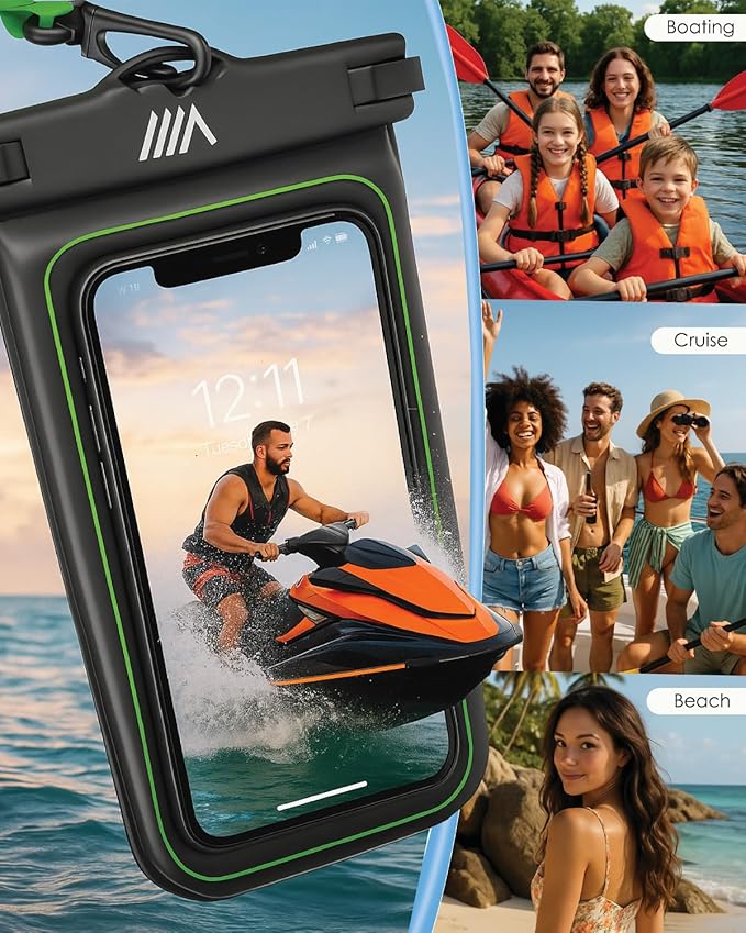【2025 Upgraded】 2 Pack Black - IP68 Waterproof Phone Pouch Floating Design No Sink Waterproof Phone Case - Beach Pool Travel Essentials - Works w/All Phones - Detachable Lanyard - Black/Hi-Vis Green
