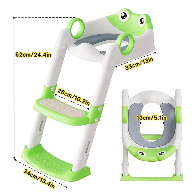 Potty Training Seat with Step Stool Ladder, Toddler Toilet Seat with PU Cushion, Adjustable 5-Level Height, Foldable Potty Training Toilet for Kids Boys Girls, Anti-Slip Pads Ladder