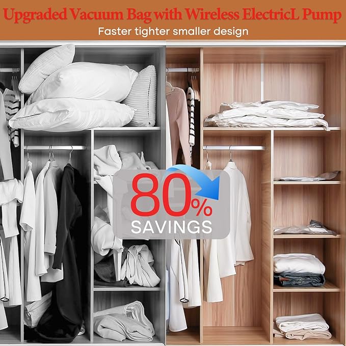 Travel Vacuum Bags with Wireless Charging Air Pump, 12 Pack Vacuum Storage Seal Bags for Clothing(4 Large+4 Medium+4 Small), Compression Packing for Clothes Suitcase Luggage