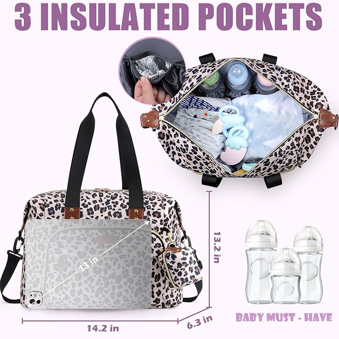 Tuwubi Diaper Bag Tote,Baby Diaper Bag with Pacifier Case Large Travel Diaper Tote Caddy for Mom and Dad Multifunction Large Baby Bag - M-Leopard Print