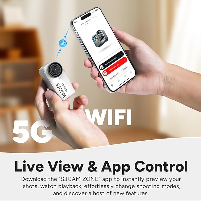 SJCAM 4K Pocket Cam, Tiny Action Camera, Mini Stabilized Body Camera & Portable POV, Waterproof, Wearable, Built-in Spkr & Mic for Vlogging, Helmet & Chest Mountable, White