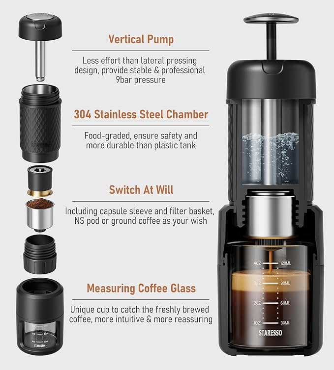 STARESSO Classic Portable Espresso Maker, 2 IN 1 Travel Coffee Maker Compatible Ground Coffee & NS Original Pods, Espresso Machine with Stainless Steel Chamber for Travel Camping, Manually Operated