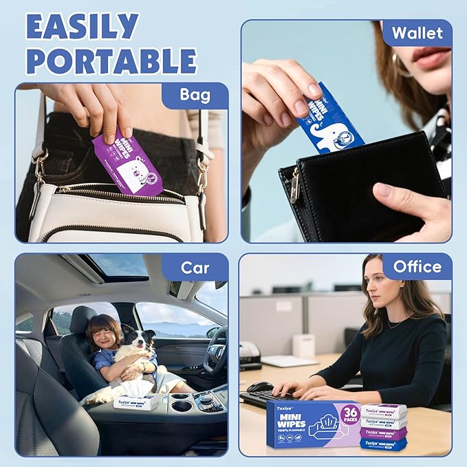 36 PackTravel Flushable Wipes with Aloe & Vitamin E,Impossibly Compact 7 Wipe Per Pack Mini Travel Adult Wet Wipe,Hypoallergenic & Fragrance-Free Skin-Friendly Flushable Wet Wipe(252 Total Wipes)