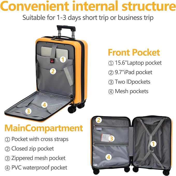 TydeCkare 20 Inch Carry On Luggage with Front Pocket, 21.65 * 15.35 * 7.87" Suitable for Airplane Overhead Bin, 34L PC+ABS Hardshell, Orange