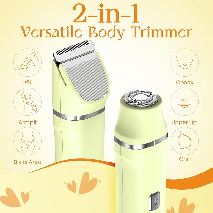 Womens Razors for Shaving - Wet/Dry 2-in-1 Beauty Dermave Bikini Shaver with Body&Facial Hair Heads, Cordless IPX7 Waterproof Trimmer for Pubic Hair&Sensitive Skin, Tiktok Trend Items (Yellow)