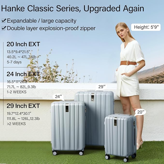 Hanke 20 Inch Expandable Carry on Luggage 22x14x9 Airline Approved Lightweight PC Hard Shell Suitcases with Wheels Travel Luggage Rolling Suitcase Travel Luggage Bag for Weekender(Gray)