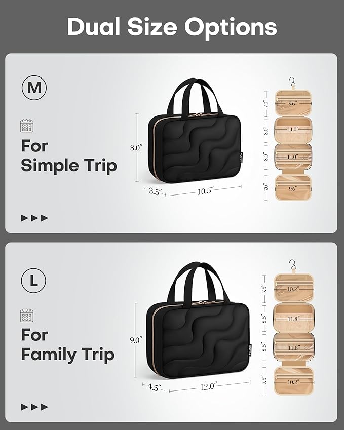 HOTOR Hanging Toiletry Bag - Spacious Travel Toiletry Bag for Women & Men, Multi-Pocket Makeup Organizer, Travel & Cruise Essentials for Business Trip, Gym, Black, 12.6" x 9.9" x 4.3"