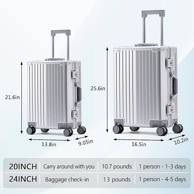 YYW Aluminum Carry-On Luggage Airline Approved Lightweight Suitcase with TSA Lock and Silent Wheels, Hardshell Spinner Business Travel (silver, 24in)