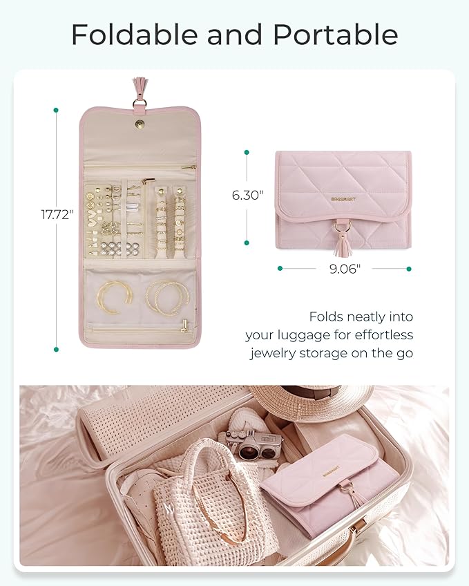 BAGSMART Travel Jewelry Case Organizer, Roll Foldable Jewelry Case for Journey-Rings, Necklaces, Earrings, Bracelets, Brooches, Portable Travel Essentials, Elegant Soft Beige