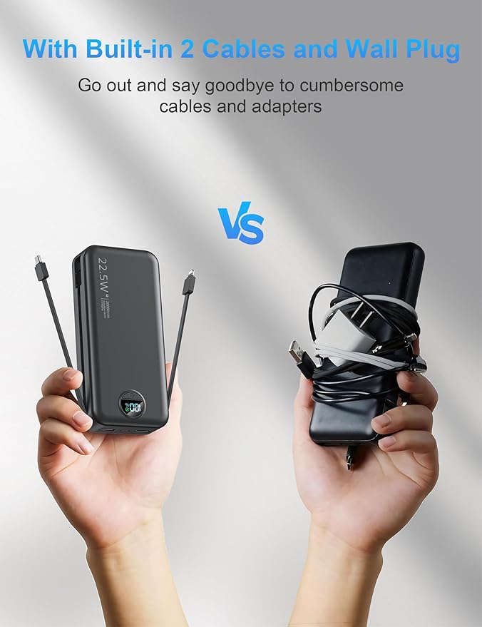 Portable Charger with Wall Plug, 20000mAh USB C Power Bank Fast Charging, External Battery Pack with Built in Cables, Digital Display, 5 Output 2 Input for iPhone Android Cell Phone Tablet