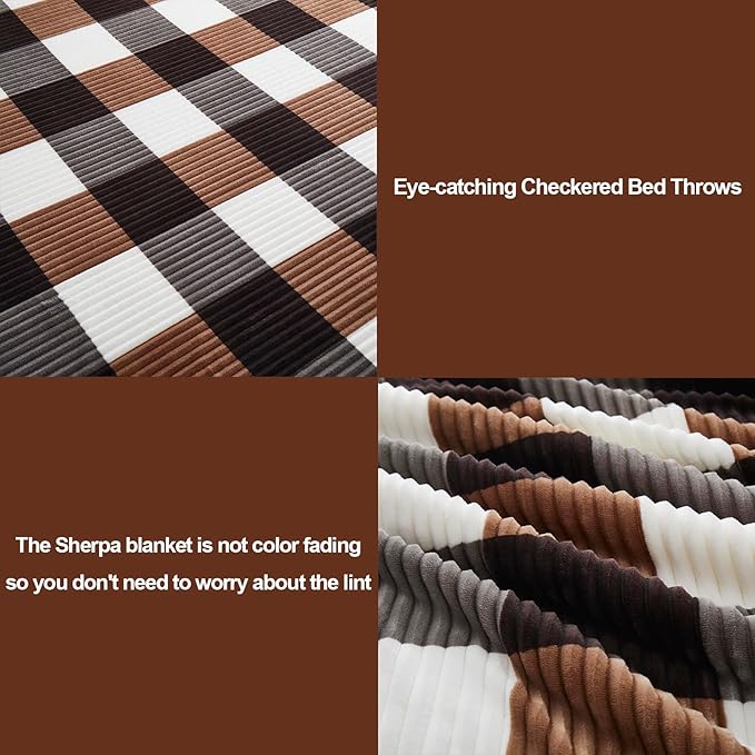 PU MEI Sherpa Blanket Full/Queen Plaid Thick Bed Blanket, 90”*80” Super Soft Flannel Fuzzy Fleece Reversible Velvet Plush Warm Blanket for Couch (Brown-Check, 80"*90")