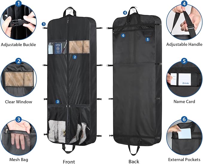 Zilink 60” Travel Garment Bags for Hanging Clothes Waterproof Long Garment Bags for Dresses with Accessory Pouch Suit Travel Bags with Adjustable Handles and Buckles for Suit Tuxedos Dresses Gowns