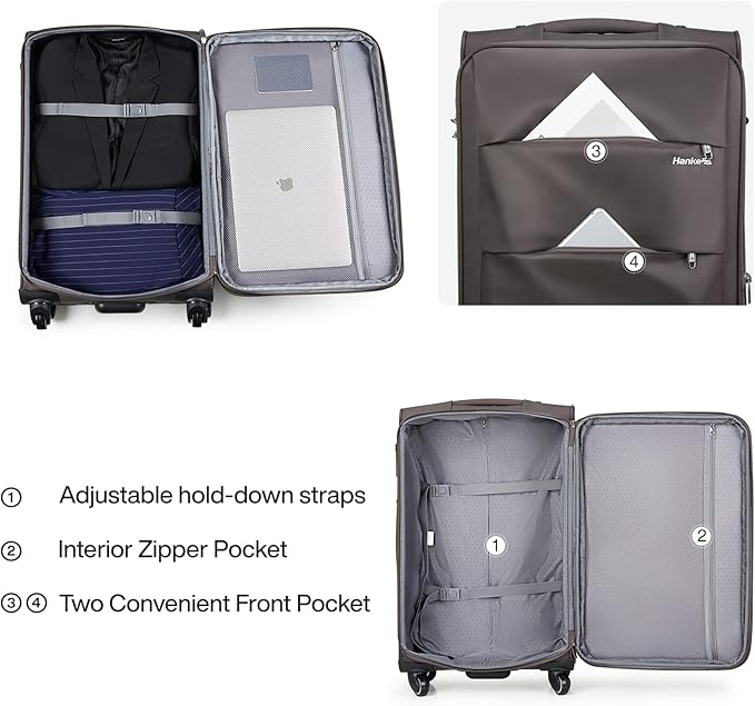 Hanke 20/24/28 Inch 3 Piece Luggage Set with Spinner Wheels Expandable Luggage Large Suitcases with Wheels Softside Checked Luggage Rolling Suitcase with Lock Lightweight Travel Luggage.(Coffee)