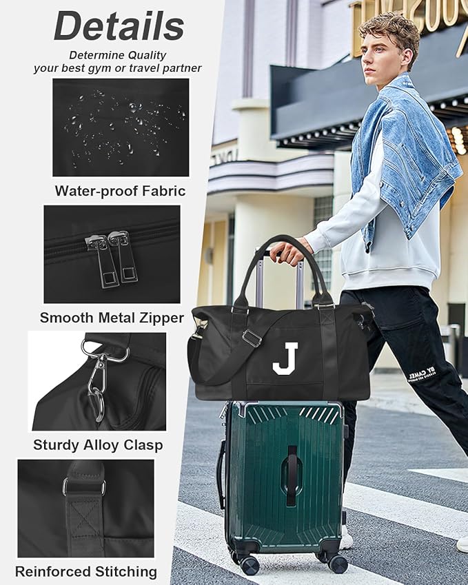 Initial Travel Duffel Bag Sports Gym Bag for Boys Teen Birthday Gifts,Black Personalized Weekender Bag Carry On Tote Bags for Men,Waterproof Overnight Luggage Bag Airplane Travel Essentials(Letter J)