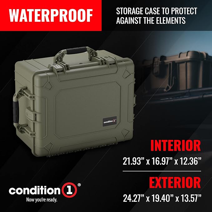 Condition 1 25" Large Heavy-Duty Protective Waterproof Hard Case Model 024, Portable Storage Box with Customizable Foam, Camera, Tool, Hunting, Made in USA, 24.27"x19.40"x13.57" Green