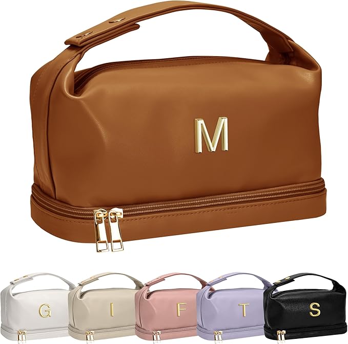 College Gifts for Women, Personalized Makeup Bag with Handle, Initial Double Layer Cosmetic Bag with Makeup Brush Organizer, Cute Cosmetic Pouch for Women, Gifts for Friends Female Mom