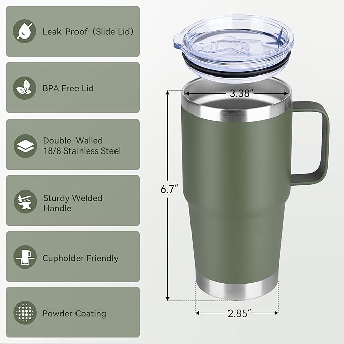 HASLE OUTFITTERS 20oz Tumbler Bulk with Lid, Stainless Steel Tumbler Bulk with Handle, Metal Insulated Travel Coffee Mug Set with Handle, Double Wall Vacuum Leak Proof Tumbler Cup, Amy Green 12 Pack