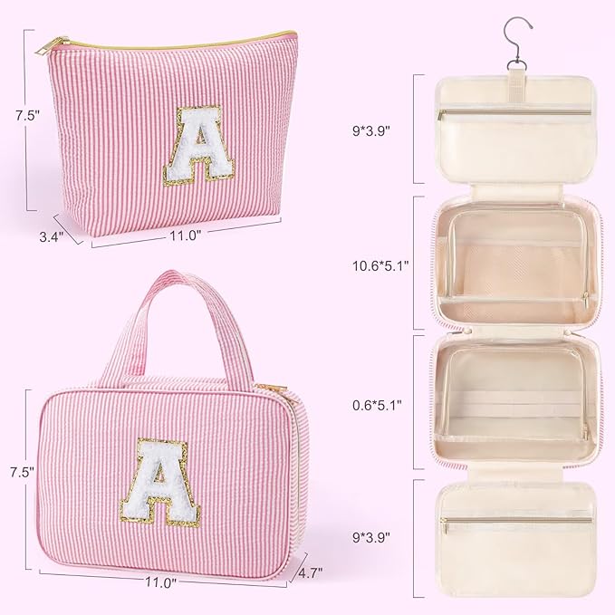 YOOLIFE Hanging Toiletry Bag Makeup Bag for Women Girls, Initial Toiletry Bag Cosmetic Bag, Personalized Birthday Gifts for Women Teen Girls, Letter A, Pink