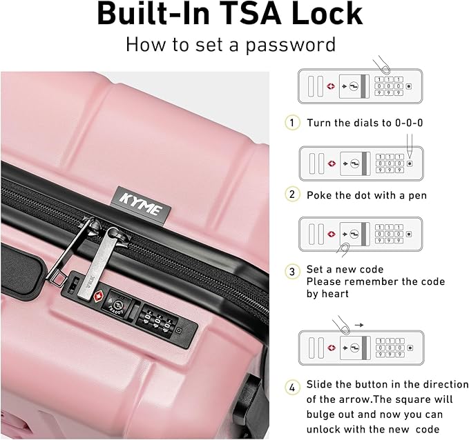 KYME Pink Hardside Carry On Luggage 22x14x9 Airline Approved with TSA Lock Hardshell Carry-On Suitcase with Wheels Travel Rolling 22 inch Luggage with Cup Holder for Women
