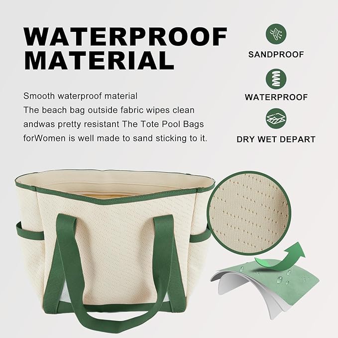 Large Canvas Tote Bag,White and Green, with Laptop Sleeve and Multiple Pockets