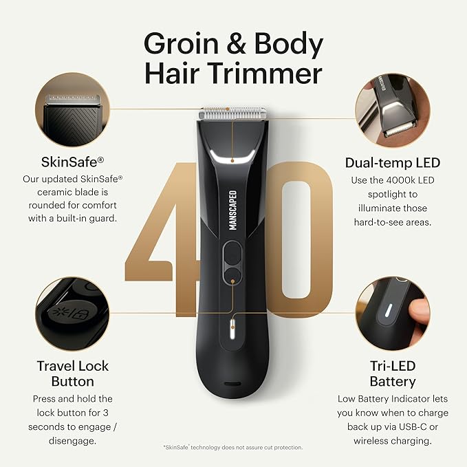 MANSCAPED® The Lawn Mower® 4.0 PRO - Groin & Body Hair Trimmer, Updated SkinSafe® Trimmer Blade, Waterproof Wet/Dry Groomer, USB-C & Wireless Charging Compatible, Men’s Ball Shaver with Travel Lock