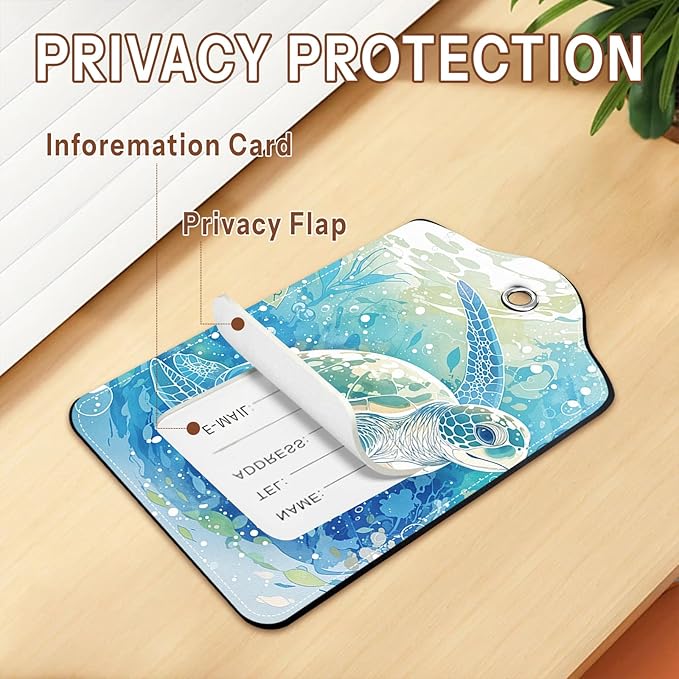 2 Pack Sea Turtle Luggage Tags, Leather Luggage Tags for Suitcases, Privacy Cover ID Label with Stainless Steel Loop & Address Card, Funny Sea Turtle Travel Bag Tag Luggages Accessories for Suitcases