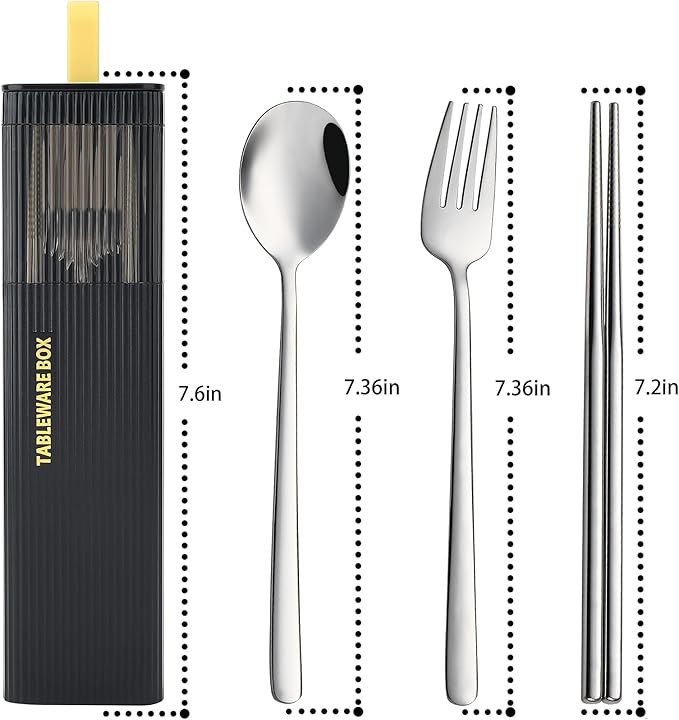 DEVICO Travel Utensils with Case, 18/8 Stainless Steel Reusable Silverware Set for Lunch Box, Portable Cutlery Set, Fork and Spoon Set for Camping, Lunch, Picnic, Workplace, School (Black)