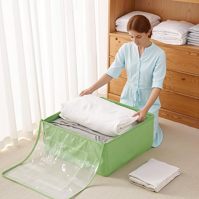 Clothes Storage Bags, Foldable Thick Fabric Blanket Storage Bags, Large Clear Window & Carry Handles, Great for Clothes, Blankets, Closets, Pillows, Toys (Green, Extra-2Pack)