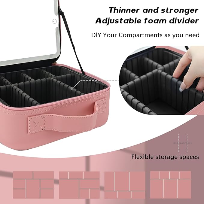 Makeup Bag with Led Mirror,Travel Makeup Organizer with 3 Color Setting, Portable Storage and Adjustable Dividers Travel Makeup Bag(Pink)