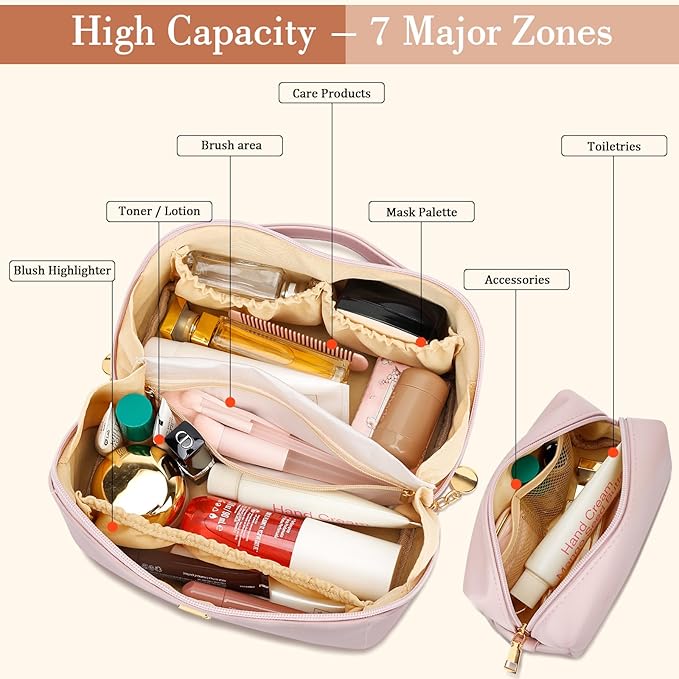 Birthday Gifts for Women Teen Girl, Personalized Initial Makeup Organizer Bag Set, Open Flat Travel Cosmetic Bag With Clear Divider and Handle(Pink,H)