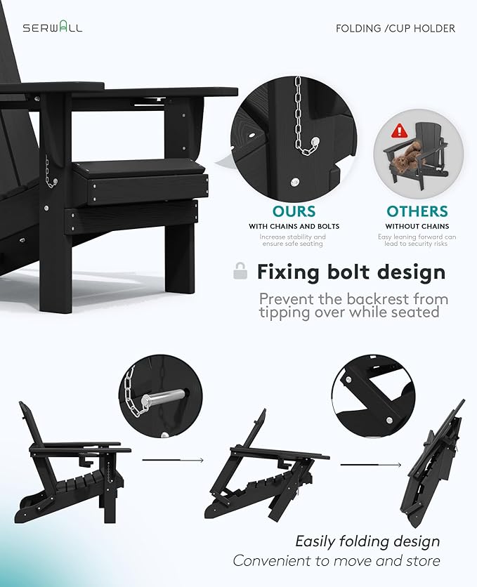 SERWALL HDPE Folding Adirondack Chair with Dual Cup Holder - Composite Adirondack Chair Set of 6- Black