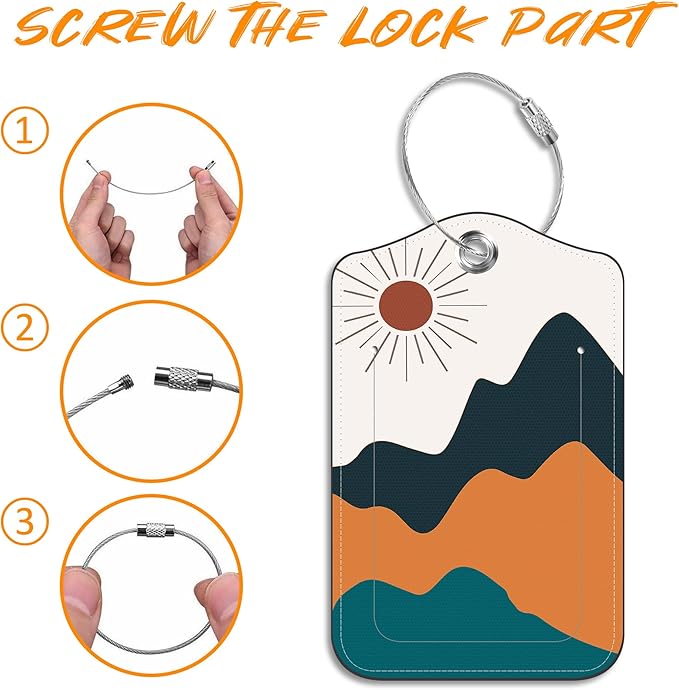 Luggage Tags for Suitcase Mountains Lake Sun Moon 2 PCS Leather Travel Luggage Tag with Stainless Steel Loop Name ID Label Privacy Cover for Women Men Travel