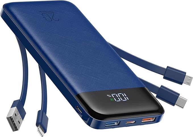 charmast 20000mAh Portable Charger with Built in Cables, 22.5W Travel Power Bank Fast Charging, USB C Cell Phone Battery Pack for iPhone 16/15/14/13/12/11 Series, iPad, Samsung, Android, Tablet
